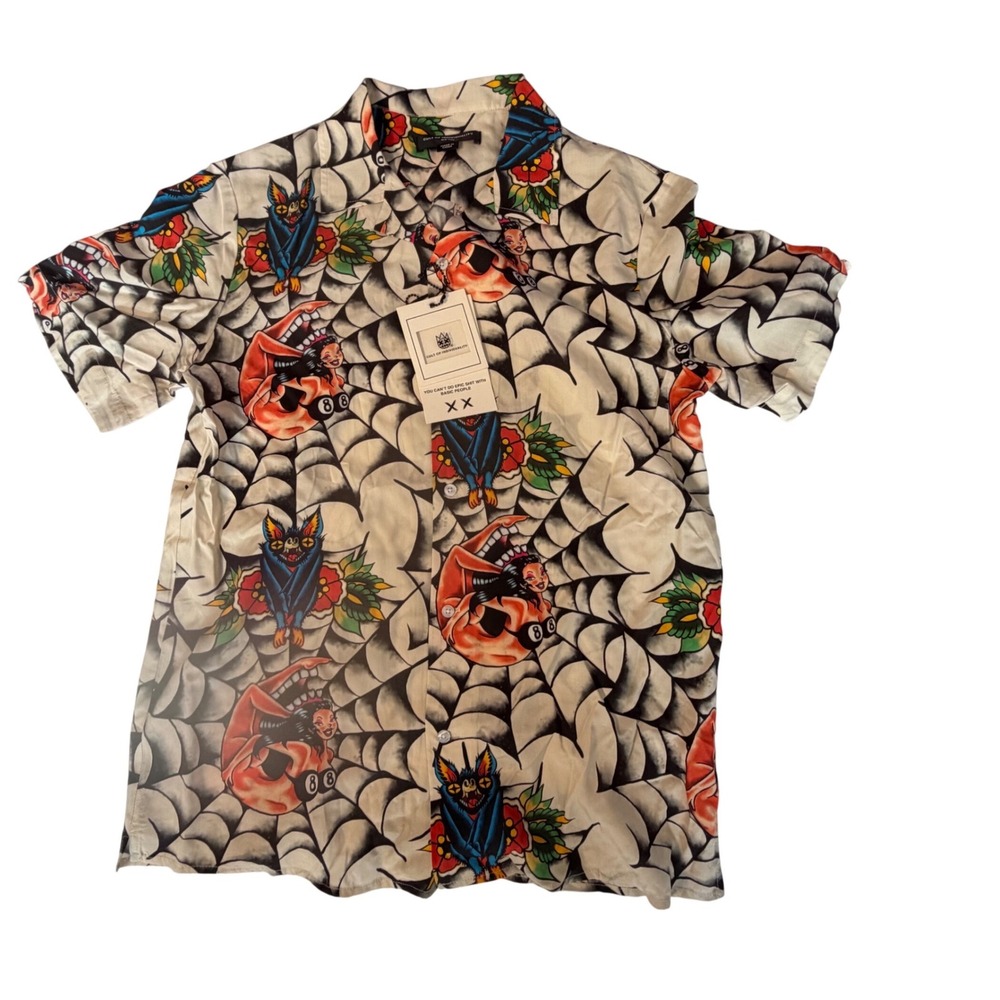 CULT OF INDIVIDUALITY Mens Tattoo Spiderweb Skull Bat Button Up Shirt Medium